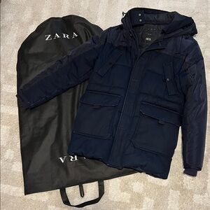 Zara Original Denim 1975 Men's Dark Blue Hooded Denim Puffer Jacket